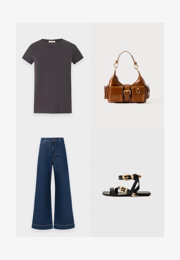 rag & bone THE SLUB - T-shirt basic - greystone; Jeans in denim blu a gamba larga con vita alta, dotati di chiusura a bottone, passanti per cintura e dettagli di cucitura sottili lungo le tasche e i orli.; Sandali neri in pelle con dettagli in oro, caratterizzati da più cinghie e una suola piatta per un design open-toe.; Borsa a tracolla in pelle marrone con forma curvata, hardware in tonalità oro duale, due tasche frontali e una cinghia larga. Texture liscia con una finitura elegante.