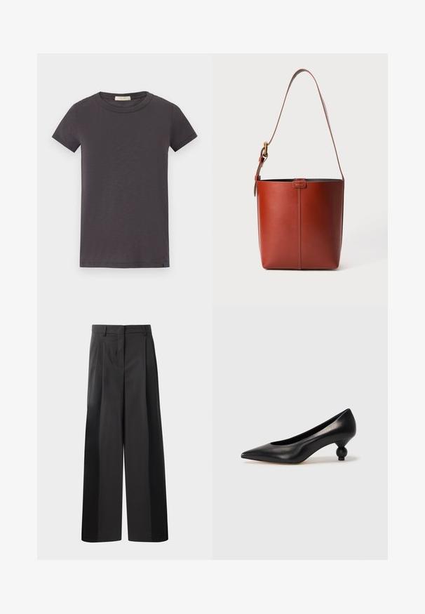 rag & bone THE SLUB - T-Shirt basic - greystone; Schwarze, weit geschnittene Hose mit hoher Taille, versehen mit Frontfalten, einer glatten Textur und einem maßgeschneiderten Finish. Entworfen für eine lockere Passform.; Schwarze Leder-Pumps mit spitzem Zehenbereich und runder, ballförmiger Ferse. Glatte Textur mit einem eleganten, minimalistischen Design.; Braune Leder-Eimer-Tasche mit verstellbarem Schultergurt und goldfarbener Schnalle, einfache vertikale Nahtdetails auf der Vorderseite.