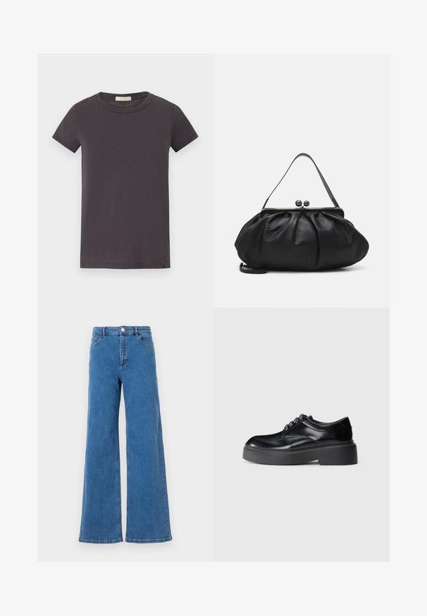 rag & bone THE SLUB - Paprasti marškinėliai - greystone; Platūs mėlynos džinsų kelnių blauzdos su aukšta juosmens linija, priekiniais kišenėmis ir mygtuko uždarymu. Audinys turi lygų paviršių ir klasikinių siūlių raštą.; Juodi odiniai batai su apvaliu pirštu, storiu platforminiu padu ir dekoratyviais raišteliais. Lygus paviršius ir kontrastinga siuvimo linija matomi.; Juodas odinis rankinė su apvalia, raukšlėtą dizainą. Priedai metalinė užsegimas su dviem dekoratyvinėmis kamuoliukais ir plona, nuimama pakaba.