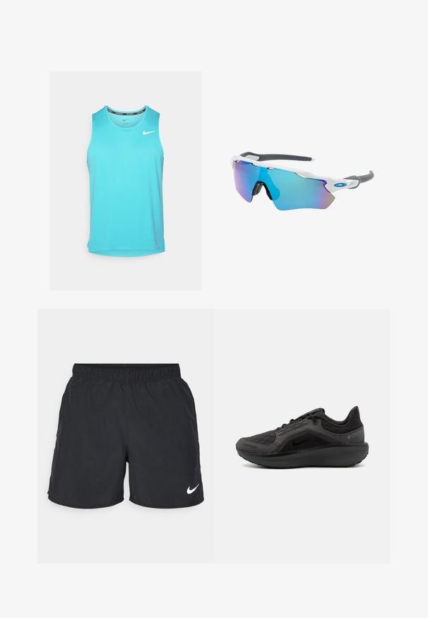 Ανοιχτό μπλε αμάνικο αθλητικό μπλουζάκι με στρογγυλή λαιμόκοψη και λογότυπο Nike στο αριστερό στήθος, κατασκευασμένο από αναπνεύσιμο ύφασμα.; Μαύρες αθλητικές σορτς από ελαφρύ ύφασμα, με ελαστική μέση και λευκό λογότυπο Nike στην κάτω αριστερή πλευρά.; Μαύρο αθλητικό παπούτσι με υφασμάτινη επένδυση με κέλυφος, κομψό σχέδιο και μαύρη καουτσούκ σόλα. Διαθέτει ορατό λογότυπο και σήμα Gore-Tex.; Γυαλιά ηλίου με λευκό σκελετό, γκρι λεπτομέρειες και μπλε καθρέφτες φακούς. Αθλητικός σχεδιασμός, περιμετρικό σχήμα και ρυθμιζόμενα μαξιλαράκια μύτης.