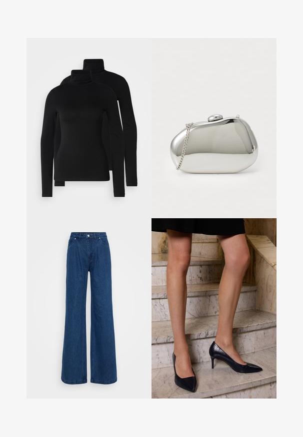 Black long-sleeve turtlenecks made of smooth, stretchy fabric. Features fitted sleeves and a classic high collar. Two pieces included.; Wide-leg blue denim jeans with a high waist, front button and zipper closure, and front and back pockets against a plain background.; Navy blue high-heeled shoes with a pointed toe, featuring a smooth and textured finish resembling crocodile skin.; Silver metal clutch with a rounded, smooth shape. Features a clasp closure and a detachable chain strap. Reflective surface with no patterns.