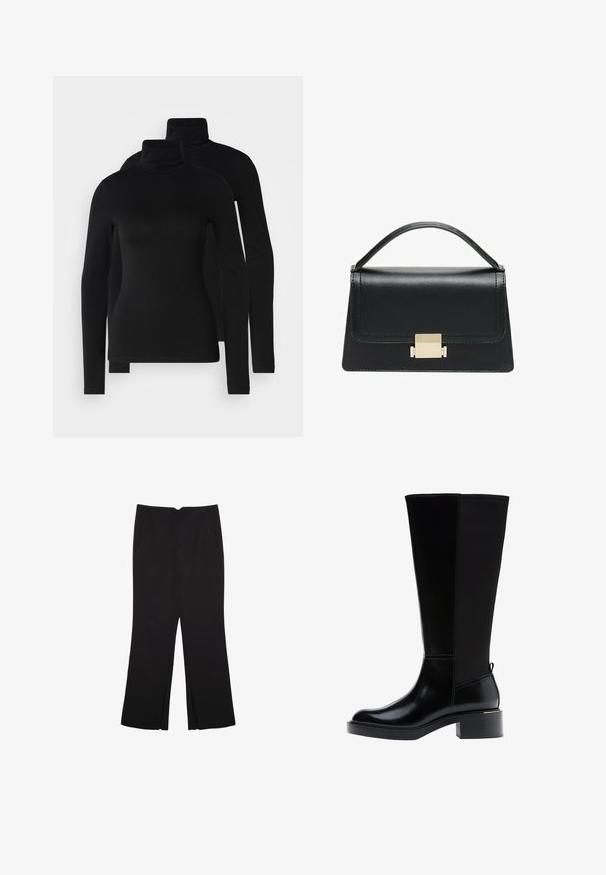 Černé dlouhé rukávy roláky vyrobené z hladké, elastické látky. Vybavené přiléhavými rukávy a klasickým vysokým límcem. Součástí jsou dva kusy.; Černé kalhoty s rovným střihem, s předními kapsami a bočními rozparky na lemu. Vyrobené z jemné, hladké tkaniny. Vhodné na různé příležitosti.; Černá kozačka ke kolenu z hladké kůže, s výrazným prošíváním, robustním podpatkem a texturovaným zadním panelem pro větší zajímavost.; Černá kožená kabelka se strukturovaným designem, horním uchopením a zlatým kovovým zapínáním na přední straně. Hladký povrch, minimální švy.