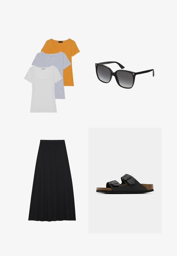 Trzy t-shirty z krótkim rękawem w kolorach pomarańczowym, jasnoszarym i białym, wykonane z miękkiej bawełny, z okrągłym dekoltem i dopasowanym krojem.; Czarna maxi spódnica z miękkiej, zwiewnej tkaniny. Posiada elastyczny pas oraz pełną, w kształcie litery A sylwetkę o gładkiej strukturze.; Czarne sandały na dwóch paskach z regulowanymi klamrami, korkową wkładką i teksturowaną gumową podeszwą. Charakteryzują się płaskim, otwartym designem, co ułatwia zakładanie.; Czarne, oversize okulary przeciwsłoneczne z gradientowymi soczewkami, grubymi plastikowymi oprawkami i złotymi akcentami logo na zausznikach. Kanciasty kształt i wypolerowane wykończenie.