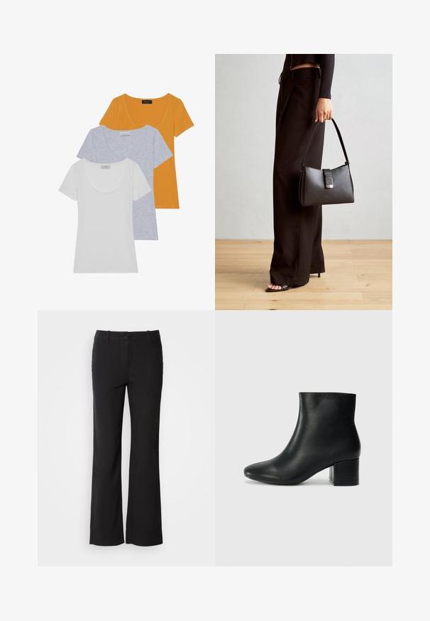 Τρία κοντομάνικα μπλουζάκια σε πορτοκαλί, ανοιχτό γκρι και λευκό, κατασκευασμένα από μαλακό βαμβάκι με στρογγυλή λαιμόκοψη και εφαρμοστή σχέδια.; Μαύρο παντελόνι από μείγμα βαμβακιού με ίσια γραμμή, κλείσιμο με κουμπί μπροστά και δύο πλαϊνές τσέπες. Λεια υφή, χωρίς ορατά σχέδια.; Μαύρες δερμάτινες μπότες αστράγαλου με μυτερή μύτη και χοντρό τακούνι. Λείο υλικό με ελάχιστες λεπτομέρειες και κομψό, εφαρμοστό σχέδιο.; Μαύρη τσάντα χειρός με δομημένο σχήμα, λεία υφή και μεταλλικό κούμπωμα. Συνδυασμένη με φαρδιά μαύρα παντελόνια και σανδάλια ανοιχτής μύτης πάνω σε ξύλινο πάτωμα.