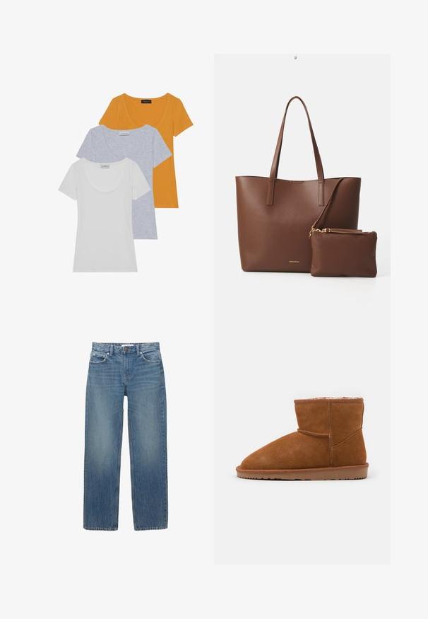 Tri kratke majice z rokavi v oranžni, svetlo sivi in beli barvi, narejene iz mehkega bombaža z izrezom v obliki globokega kroga in prilegajočim se krojem.; Svetlo modri denim kavbojke s ravnim krojem, petimi žepi in bakrenimi dodatki. Tkanina ima rahlo zbledel videz in gladko teksturo.; Rjavi semiš gležnjar s zaobljenim nosom in mehkimi podlogami, s flat gumijastim podplatom in minimalnimi šivi.; Rjava torba iz umetnega usnja z dvema dolgima ročajema in ujemajočo se majhno torbico. Površina ima teksturiran vzorec in zlate kovinske dodatke.