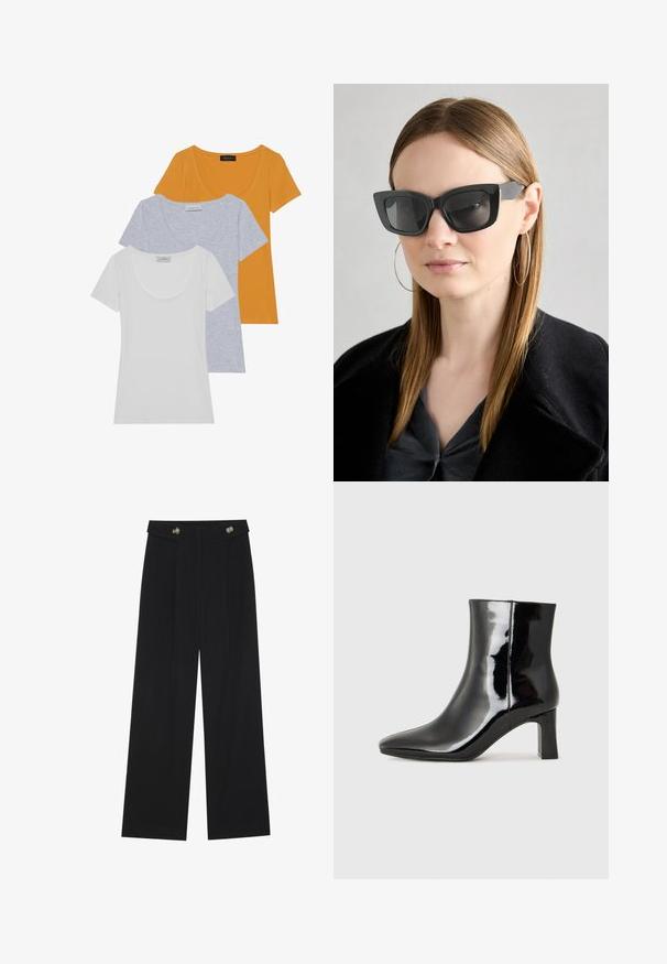 Három rövid ujjú póló narancssárga, világosszürke és fehér színben, puha pamutból készült, kerek nyakú és testhezálló fazonban.; Fekete, bő szárú nadrág magas derékkal, gombos részletekkel a derékrészen és elülső pliszékkal.; Fekete lakk bőrcipő bokáig érő, hegyes orral és közepes magasságú tömbsarokkal. Simább textúrával és minimalista dizájnnal rendelkezik.; Fekete macskaszem napszemüveg sötét lencsékkel, vastag kerettel és diszkrét díszítésekkel. Fekete kabátot és szürke felsőt visel, hosszú egyenes hajjal.
