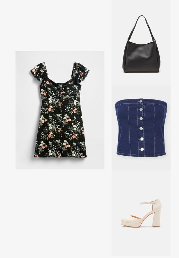 Tumed denimist kangast ilma õlgedeta topp, millel on vertikaalne õmblus ja kuus hõbedast nööpaukugumist ees. Sile tekstuur ja vormikohane disain.; Mustard mustaga kleit, millel on puffvarsid, pitsist kaelus ja mitmevärviline lillemuster roosa, valge, sinise ja rohelise lehega.; Kreemivärvi platvormisaapad ümarate säärede ja reguleeritava pahkluu rihmaga. Omab paksu plokknurka kerge puidust aktsendiga.; Mustmust mustrahnaga, millel on pehme tekstuur, hobo kuju ja kaks õlavarre rihma; sisaldab läikivat viimistlust ja minimalistikku disaini.