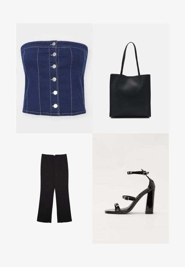 Valkoinen denimi toppi ilman olkaimia, jossa on pystysuorat tingit ja kuusi hopeista nepparia edessä. Suuri tekstuuri ja tiukka muotoilu.; Mustat housut suoralinjaisella leikkauksella, joissa on etutaskut ja sivurei'ät helman alla. Valmistettu pehmeästä ja sileästä kankaasta. Sopii eri tilaisuuksiin.; Musta kiiltävä korkokenkä sandaalit neliönmuotoisella varpaalla, nilkkaremmillä ja hopeisilla soljilla. Varustettu tukevalla lohkokorkealla vakauden takaamiseksi.; Mustapahkainen kangaskassi, jossa on sileä pinta, suorakaiteen muotoinen ja kaksi pitkää kahvaa. Ei näkyvää metalliosaa tai koristeita.