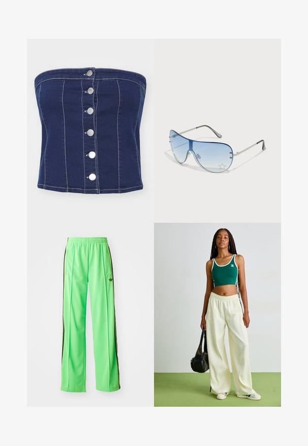 Top fără bretele din denim navy, cu cusături verticale și șase nasturi metalici argintii pe față. Textură netedă și design ajustat.; Pantaloni atletici verzi, confecționați dintr-un material neted și ușor, având dungi negre pe laterale și un logo brodat pe față.; Top scurt verde cu margini albe, asortat cu pantaloni largi crem. Modelul poartă o geantă mică neagră. Pantofi sport simpli.; Ochelari de soare aviator cu lentilă gradient albastră, ramă metalică argintie și accente decorative sub formă de stele pe lentilă. Design neted și elegant.
