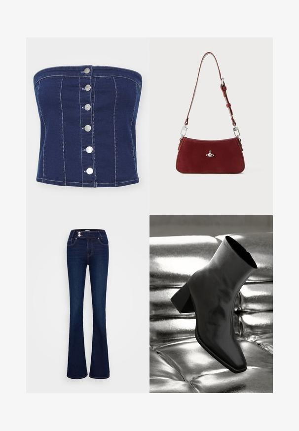 Navy denim strapless top with vertical stitching and six silver snap buttons down the front. Smooth texture and fitted design.; Dark blue flared jeans featuring a high-rise waist, two front pockets, and two button closures. Made from denim with a smooth texture.; Black ankle boot made of glossy material with a square toe and tapered heel, set against a shiny silver tufted background.; Red suede shoulder bag with a curved shape. Features a silver-tone accent and adjustable strap with hardware detailing. Smooth texture.