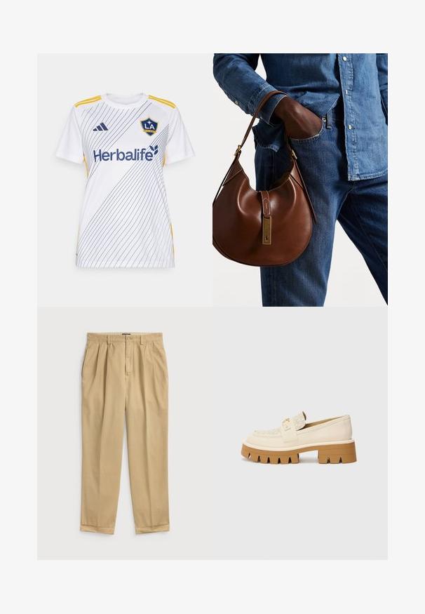 Biała koszulka sportowa z diagonalnymi niebieskimi paskami, żółtymi akcentami i logo "Herbalife". Zaprojektowana z myślą o komforcie, z krótkim rękawem.; Jasno beżowe bawełniane spodnie o luźnym kroju, z przodu z plisami, bocznymi kieszeniami i mankietami.; Beżowe loafersy z teksturowanym kremowym paskiem, posiadające masywną brązową podeszwę z ząbkowanym wzorem. Złoty akcent przy detalach klamry.; Brązowa skórzana torebka hobo w zaokrąglonym kształcie, z akcentami w złotym kolorze i kontrastowym przeszyciem. Połączona z dżinsową koszulą i spodniami dżinsowymi.
