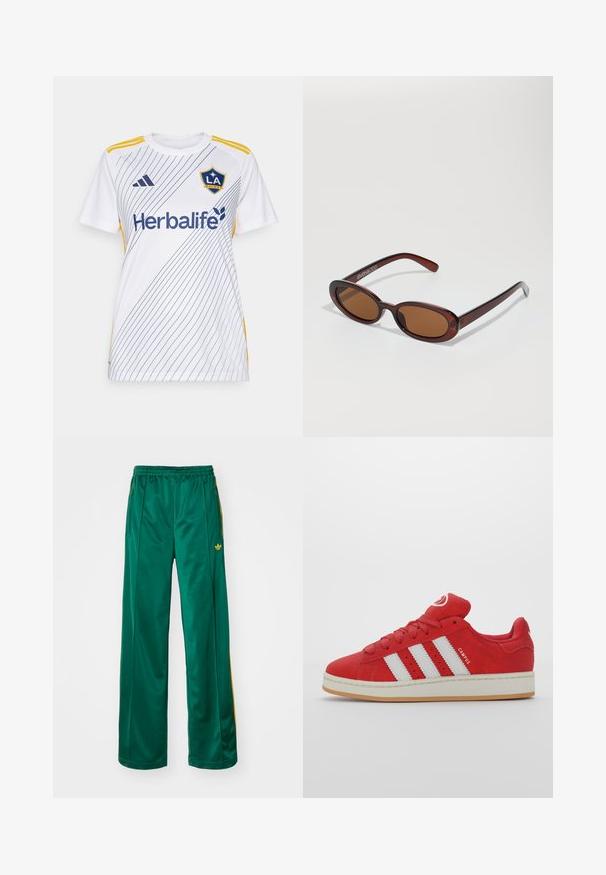 Fehér sportmez, amelyet átlós kék csíkok, sárga kiegészítők és a "Herbalife" logó díszít. Kényelmes viseletre készült, rövid ujjú.; Zöld selyemfényű sportnadrág, laza szabással, sárga csíkkal és hímzett logóval a bal oldalon. Rugalmas derékpánt.; Piros velúr sportcipők három fehér csíkkal, gumitalppal, lekerekített orral és párnázott nyelvvel, amelyen a "CAMPUS" felirat található az oldalon.; Kerek, barna árnyalatú napszemüveg fényes burgundi kerettel. Karcsú karok diszkrét márkázással. Lapos lencse kialakítás.