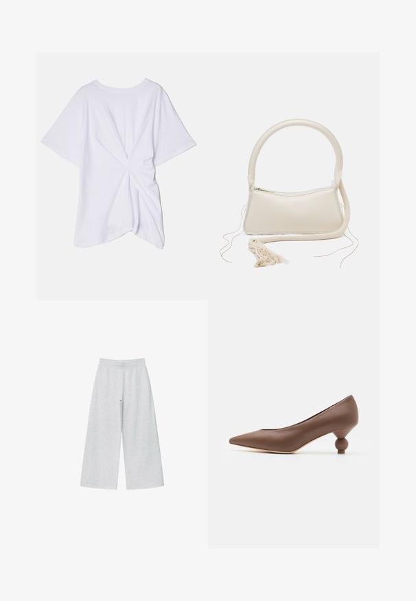 Victoria Beckham BODY TWIST TEE - Triko s potiskem - white; Světle šedé široké kalhoty vyrobené z měkkého materiálu s elastickým páskem. Design má volný střih pro pohodlí a snadný pohyb.; Hnědá kožená pumpa s špičatou špičkou a jedinečným zaobleným kulatým podpatkem. Hladký povrch, elegantní design a minimalistické detaily.; Krémová kabelka s kulatou rukojetí, uzavíráním na zip a detailem v podobě třásně. Disponuje hladkou koženou texturou a kontrastním textilním lemováním.