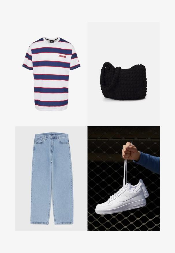 Juostuota marškinėliai su horizontaliomis mėlynomis, raudonomis ir baltomis juostomis, apvaliu kaklu, trumpomis rankovėmis ir mažu raudonu "STARTER" logotipu krūtinėje.; Šviesiai mėlyni džinsai su tiesiomis kojomis, turintys vidutinio aukščio juosmenį, penkias kišenes ir mygtuko bei užtrauktuko uždarymą.; Balti odiniai sportiniai bateliai su perforacijomis, apvalia nosimi, plokščiu padu ir storomis raištelėmis, su matomu swoosh logotipu ir "AIR" ant kulno.; Juodas audinio maišelis su tekstūruota, siuvinėta raštu. Apvalios formos, trumpi, stori rankenėlės ir minkšta, lanksti struktūra.