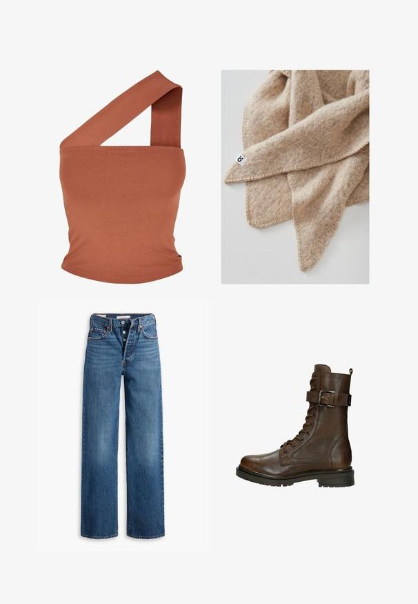 Top asimmetrico a spalla unica in tessuto elasticizzato color ruggine. Design aderente con spallina larga e texture liscia. Senza fantasie o decorazioni.; Jeans in denim blu con un design a gamba larga, cinque tasche, chiusura con bottoni e cuciture a contrasto. Tessuto testurizzato con una finitura sbiadita.; Stivaletto in pelle marrone con lacci, fibbia laterale, punta rotonda, suola robusta e dettagli di cucitura per un tocco in più.; Coperta in lana beige con una finitura testurizzata, caratterizzata da un bordo cucito e un piccolo etichetta in un angolo. Aspetto morbido e accogliente.; Borsa a secchiello in pelle nera con chiusura a cordoncino, caratterizzata da un logo "CK" lucido sulla parte anteriore e dettagli in hardware dorato.