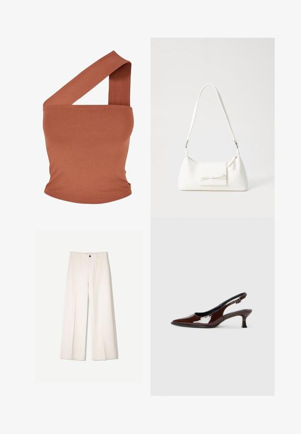 Asymmetrisk top med én skulder i rustfarvet strækstof. Fittet design med bred strop og glat tekstur. Ingen mønstre eller detaljer.; Cremefarvede bukser med bred benvidde og skræddersyet design, der har to forlommer og en enkelt frontknaplukning, lavet af et glat stof.; Brun patenteret læder slingback sko med spids tå og en moderat hæl. Har en spænde rem for en sikker pasform. Glat tekstur.; Hvid syntetisk håndtaske med en trekantet form, flad forsideklap og sløjfedetalje, justerbar strop, glat tekstur og minimalistisk design.