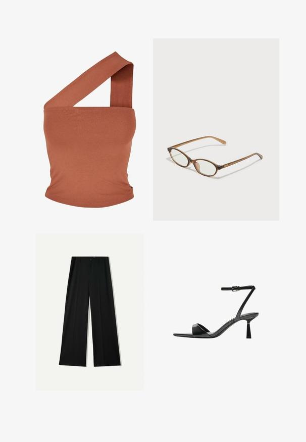 Top asimetric cu o singură umăr, dintr-un material elastic de culoare ruginie. Design ajustat, cu un bretele lată și o textură netedă. Fără modele sau accente.; Bershka WIDE - Pantaloni - black; Bershka Sandale cu toc - black; Ochelari în nuanță de țestoasă maro, cu lentile ovale, brațe subțiri și accente transparente. Prezintă un logo subtil pe tâmplă. Design elegant și ușor.