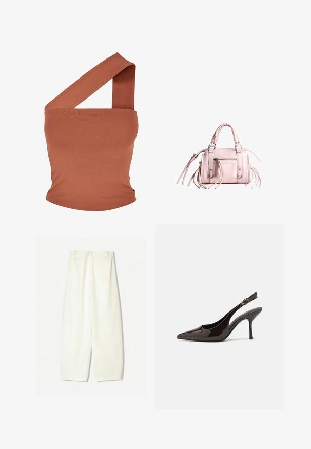 Top asimetric cu o singură umăr, dintr-un material elastic de culoare ruginie. Design ajustat, cu un bretele lată și o textură netedă. Fără modele sau accente.; Pantaloni evazați dintr-un material crem moale, cu o textură fină, buzunare frontale și o croială lejeră cu un talie de înălțime medie.; Pantof cu toc înalt Slingback din piele sintetică lucioasă de culoare maro închis, vârf ascuțit, laterale deschise și curea ajustabilă la glezne.; Până de mână roz cu mâner împletit în partea de sus, accesorii din argint, buzunar cu fermoar în față și ciucuri lungi pe părțile laterale; material din piele artificială texturată.