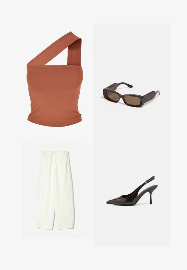 Epäsymmetrinen yhden olkapään yläpaita ruosteenvärisestä joustavasta kankaasta. Tiukka muotoilu, jossa on leveä hihna ja sileä rakenne. Ei kuvioita tai koristeita.; Kapeet, jotka ovat leveät ja valmistettu pehmeästä kermanvärisestä kankaasta, jossa on sileä pinta, etutaskut ja rento malli, keskiampuilla.; Korkokenkät tummanruskeasta kiiltävästä patenttinnahasta, teräväkärkiset, avoimet sivut ja säädettävä nilkkaremmi.; Gucci aurinkolasit, joissa on suorakaiteen muotoiset ruskeat linssit, kilpikonnakuosiset asetaatin kehykset ja kultaiset logotempaimet.