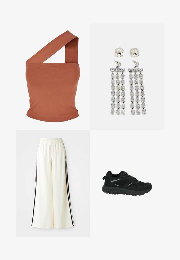 Asymmetrisk top med én skulder i rustfarvet strækstof. Fittet design med bred strop og glat tekstur. Ingen mønstre eller detaljer.; Hvide løse bukser med elastisk talje og sorte lodrette striber langs yderseams.; Sort vandtæt vandresko med mesh-paneler, struktureret sål, rund tå og reflekterende snørebånd. Har logo og et trækstykke på hælen.; Krystal dråbeøreringe med sølvfarvet hardware, der har en kvadratisk stud og kaskader af rektangulære og oktagonale krystaller.