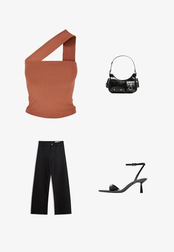 Asimetrična enostranska bluzica v rjavi raztegljivi tkanini. Prilegajoča zasnova z širokim trakom in gladko teksturo. Brez vzorcev ali dodatkov.; Črne široke denim hlače z visokim pasom, ki imajo sprednje in zadnje žepe, šivane šive ter gumbasto zapiranje. Gladka tekstura.; Bershka Sandali z visoko peto - black; Črna lakasta usnjena torbica s ukrivljeno obliko, enim ramenskim trakom, sprednjimi žepi in srebrnimi kovinskimi dodatki.