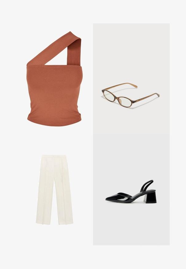 Top asimetric cu o singură umăr, dintr-un material elastic de culoare ruginie. Design ajustat, cu un bretele lată și o textură netedă. Fără modele sau accente.; Pantaloni cu picioare largi, de culoare crem deschis. Realizați dintr-un material neted, cu plisuri în față și buzunare laterale.; Pantofi cu toc slingback din piele lacuită neagră, cu vârf ascuțit și toc geometric. Prezintă un design elegant, minimalist și o textură netedă.; Ochelari în nuanță de țestoasă maro, cu lentile ovale, brațe subțiri și accente transparente. Prezintă un logo subtil pe tâmplă. Design elegant și ușor.