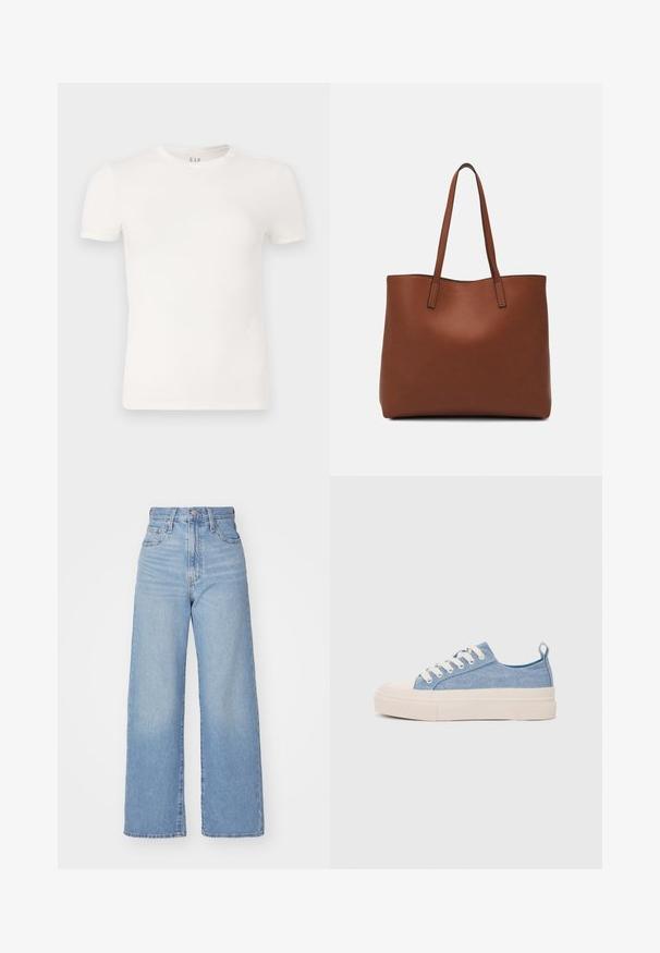 Short-sleeve white t-shirt made of soft cotton, featuring a crew neck and a straight fit. No patterns or embellishments present.; Light blue high-waist wide-leg jeans with front button and zip closure, front and back pockets, on a white background.; Light blue canvas sneakers with a cream rubber toe cap and outsole, featuring white laces and a pull tab on the heel.; Brown leather tote bag with a smooth texture, open top design, and two shoulder straps. Features minimal stitching and no visible hardware.