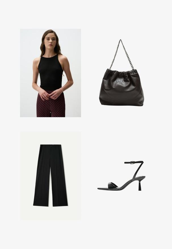 Zwarte geribbelde tanktop met een hoge hals, gecombineerd met gestreepte rode en zwarte legging met een diamantdesign. Soepele textuur, aansluitende stijl.; Bershka WIDE - Broek - black; Bershka Sandalen met hoge hak - black; Bruine leren tas met een geplooide bovenkant en een kettinghengsel. Glad textuur met een glanzende afwerking en subtiele naaddetails aan de zijkanten.