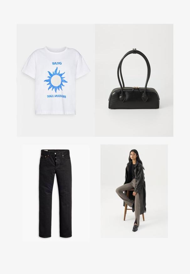 Biała bawełniana koszulka z krótkim rękawem, zdobiona niebieskim, brokatowym grafiką słońca oraz napisem "YANG YOGA SEARCHER" w niebieskiej czcionce. Luźny krój.; Czarne dżinsy o prostym kroju, pięciopocketowym designie i zapięciu na guziki. Zawierają mosiężne nity i akcenty w haftach.; Czarny skórzany trencz z guzikami i detalem pasa, w połączeniu z jasnobrązowymi dopasowanymi spodniami i czarnymi loafersami, siedzący na drewnianym stołku.; Czarna skórzana torebka na ramię z dwoma wydłużonymi uchwytami, zamknięciem na zamek i zaokrąglonym kształtem; gładka tekstura z subtelnym połyskiem.