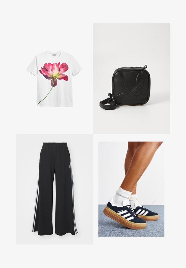Hvid bomulds t-shirt med et stort, farverigt pink blomstergrafik med grøn stamdetalje foran. Korte ærmer, rund halsudskæring.; Sorte brede sweatpants med elastisk talje, med hvide sidelommer og et broderet logo på venstre lår.; Sorte sneakers i ruskind med hvide striber og detaljer, rundet tå, ydersål i gummi, kombineret med hvide ribstrikkede crew sokker.; Sort kvadratisk crossbody taske lavet af tekstureret syntetisk materiale. Har et prægede logo design og justerbar strop. Lynlåslukning.