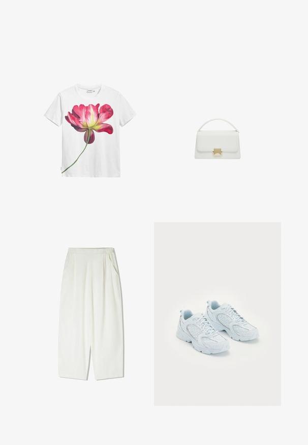 Hvid bomulds t-shirt med et stort, farverigt pink blomstergrafik med grøn stamdetalje foran. Korte ærmer, rund halsudskæring.; Løse, knælange hvide bukser lavet af et let materiale, med sidelommer og en samlet elastisk talje.; Lyseblå atletik sko med en overdel af mesh og syntetisk materiale, der har hvide prikker og reflekterende detaljer, snørebåndsdesign og polstrede såler.; Hvid læderhåndtaske med en struktureret design, der har et håndtag på toppen og en guldfarvet spænde. Glat tekstur og minimalistische detaljer.