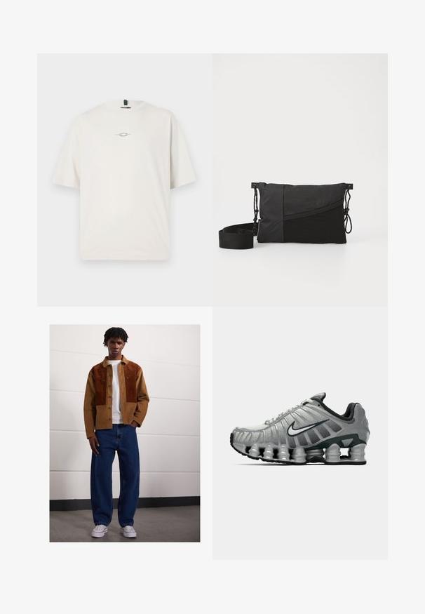 Oakley STACKED TEE - Print T-shirt - mist; Brown corduroy jacket with contrasting dark brown patches, white t-shirt underneath, loose blue denim jeans, and white sneakers.; Grey and black Nike running shoe with visible spring-like cushioning under the sole and a white swoosh logo on the side.; Black shoulder bag made of textured fabric, featuring a diagonal design, adjustable strap, and drawstring closures on the sides.