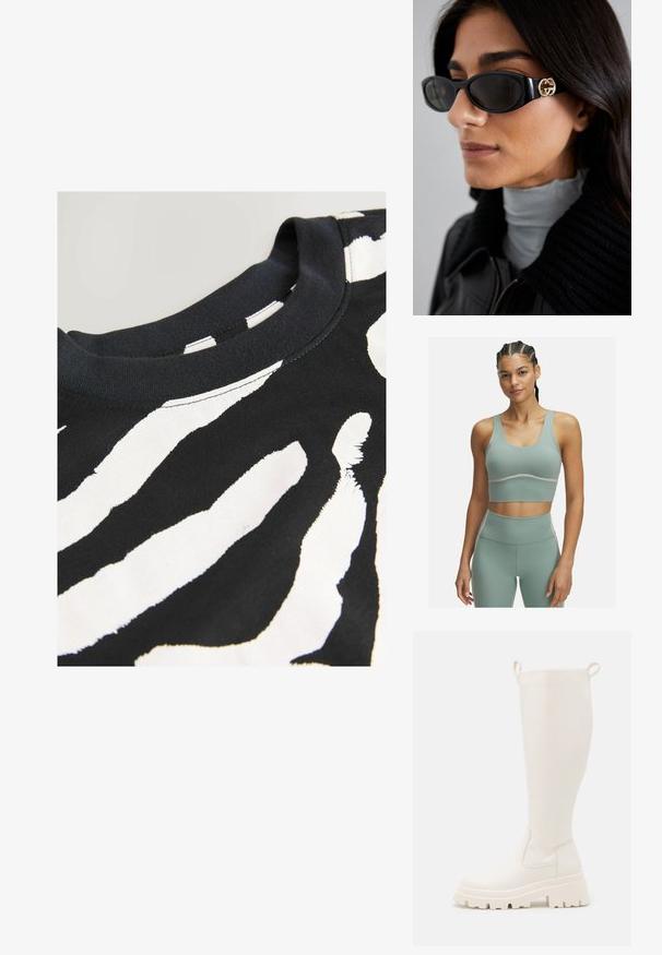 Heled roheline spordivöö, mis on ülikitsas disainiga, laiad rihmad ja sile tekstuur. Tootel on kontrastsed valged õmblused allservas.; Must mustaga, millel on julge valge sebra triibumuster, ümar kaelus, lühikesed varrukad ja pehme puuvillane kangatekstuur.; Knee-high valged valged kummist saapad, millel on paks kand ja külgedel elastsed paneelid. Omab ülaosas tõmblukke lihtsamaks jalga panemiseks. Sile tekstuur.; Mustad musternuga prillid, millel on ansamblil süsimust ristkülikukujuline raam ja külgedel kuldne logo. Tumeda objektiiviga ja läikiv viimistlus on silmatorkavad.