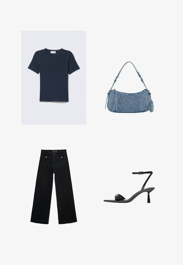 Navyblaues T-Shirt mit kurzen Ärmeln und Rundhalsausschnitt. Aus weichem Stoff gefertigt, mit einem Etikett mit der Aufschrift "WEEKDAY" am Hals.; Schwarze, weit geschnittene Jeans mit hoher Taille, die zwei Fronttaschen und metallene Knopfakzente aufweist. Der Stoff hat eine glatte Textur.; Bershka High Heel Sandalette - black; Denim-Handtasche mit geschwungener Form, hellblauer Farbe, verstellbarem Schultergurt und einem kleinen abnehmbaren Täschchen mit metallischen Akzenten.