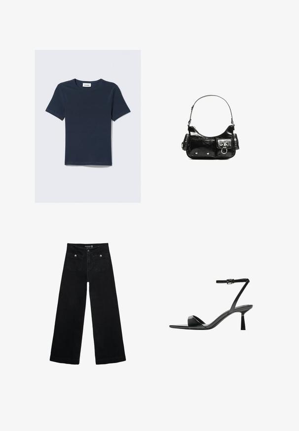 T-shirt navy blu con maniche corte e scollatura a girocollo. Realizzato in tessuto morbido, presenta un'etichetta con la scritta "WEEKDAY" sul collo.; Jeans neri a gamba larga con vita alta, dotati di due tasche frontali e dettagli in metallo sui bottoni. Il tessuto ha una texture liscia.; Bershka Sandali con tacco - black; Borsa a spalla in vernice nera con forma curvata, una tracolla, tasche frontali e dettagli in metallo argentato.