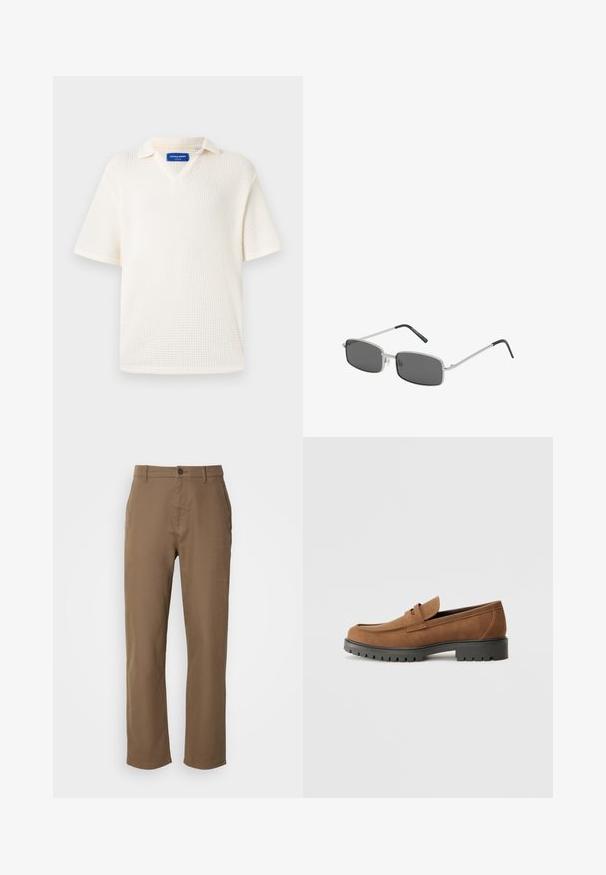 V-veida, īsām piedurknēm polo krekls, kas izgatavots no teksturēta, auduma, off-white krāsā. Ar apkakli un mazu zīmola etiķeti iekšpusē.; Brūni kokvilnas bikses ar taisnu griezumu, pogu aizdari un sānu kabatām. Tām ir gluda tekstūra un vienkāršs, bez rotājumiem izstrādāts dizains.; Brūni zamša mokasīni ar noapaļotu purngalu un zemu melnu gumijas zolu, ar dekoratīvu siksniņu un šuvju detalizācijām augšpusē.; Taisnstūra formas saulesbrilles ar tumši pelēkiem stikliem, plānu sudraba metāla rāmi un melniem gumijas apvalka tempļiem. Minimālistisks dizains.