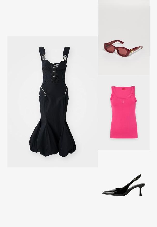 Valkoinen kaarrettu kaula-aukko ja pieni "HUGO"-logo edessä, joka on valmistettu sileästä puuvillakankaasta.; Mustapuku, jossa on muotoiltu pukuosa, säädettävät olkaimet, vetoketjulliset sivutaskut ja levenevä helma. Sileä kangas, jossa on hieno kiilto.; Musta lakattu nahkasaapas, jossa on teräväkärkinen malli, leikattuja sivuja, säädettävä nilkkain ja ohut, virtaviivainen korko.; Punaiset muoviset aurinkolasit, joissa on suorakulmaiset kehykset, tummennetut linssit ja kultainen logo-alkuosa sankoissa. Sileä, kiiltävä pinta.; Mustikka kukkaketju, joka koostuu kerroksista valmistetuista terälehdistä, käytetään mustan raidallisen tanktopin kanssa, jossa on hopeiset accentit kaula-aukossa ja olkapäissä.