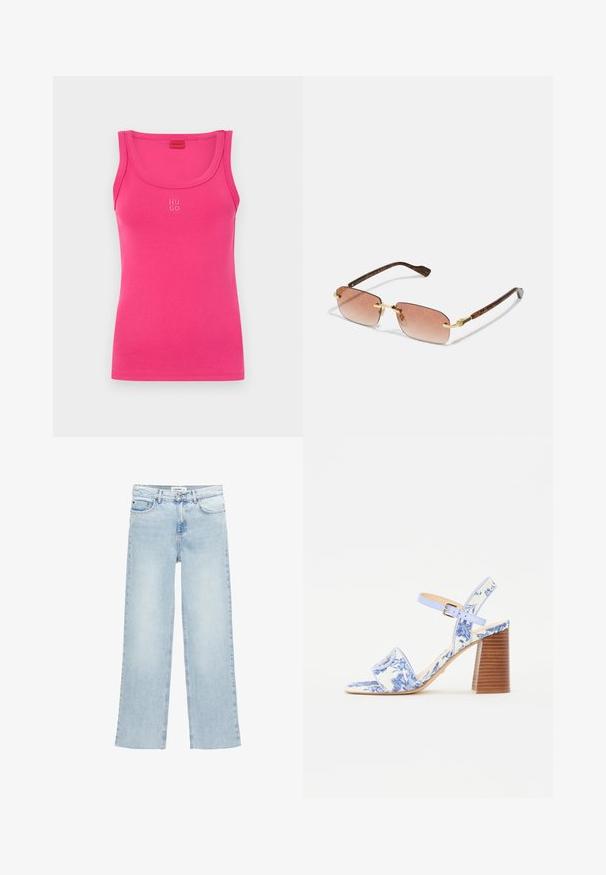 Prilagođeni ružičasti top bez rukava izrađen od glatkog pamučnog materijala, s zaobljenim izrezom i malim "HUGO" logotipom u bijeloj boji na sredini prednje strane.; Svijetloplave široke traperice izrađene od denima s visokim strukom, pet džepova i zatvaračem na gumbe. Ima minimalne detalje šivanja.; Plave sandale s cvjetnim uzorkom, kvadratnog vrha, širokim remenom i podesivim remenom oko gležnja, s teksturiranim drvenim blok potplatom.; Pravougaonasti sunčane naočale s ružičastim gradijentnim staklima koja sadrže suptilni uzorak logotipa. Zlato-metalni detalji i ramele u kornjačevini obogaćuju dizajn.; Tommy Hilfiger CASUAL SHOULDER BAG - Ručna torba - coastal taupe