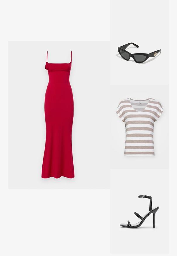 Raidalliset lyhythihaiset t-paidat, joissa on V-pääntie, sisältäen vuorotellen vaaleanruskeita ja valkoisia raitoja. Valmistettu pehmeästä, tekstuurista kankaasta.; Punainen, istuva ilman hihoja mekko, jossa on neliönmuotoinen kaula-aukko, levenevä helma ja sivulla oleva ruusukoriste. Valmistettu sileästä kankaasta, jossa on hienovarainen kiilto.; Musta patenttineuleinen korkeakorko sandaalit, joissa on kolme vaakasuoraa hihnaa ja säädettävä nilkkahihna. Tyylikäs siluetti ja kiiltävä pinta.; Aurinkolasit kissansilmällä, joissa on matta musta muovikehys, tummat linssit ja kultainen logokiinnitys temppeleissä. Kulmikas muotoilu ja sileä pinta.