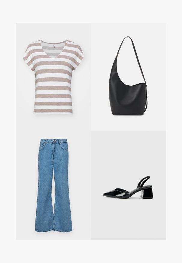 Rutet kortermet t-skjorte med v-hals, med vekslende lysebrune og hvite striper. Laget av myk, teksturert stoff.; Lyseblå vide jeans laget av denim, med høyt liv, fem lommer og en enkelt knappelukking. Myk tekstur med falmet finish.; Svarte patentlær slingback hæler med spiss tå og geometrisk blokk hæl. Har et stilrent, minimalistisk design og jevn tekstur.; Svart lær hobo-veske med glatt tekstur, buet form og enkelt justerbart stropp; har en bred åpning på toppen.