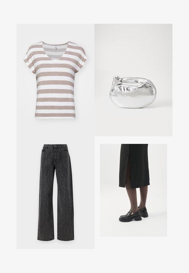 Riba varrukatega lühike t-särk, millel on V-kaelus ja vahelduvad helepruunid ja valged triibud. Valmistatud pehmest, tekstuurilisest kangast.; Noisy May NMJANNEL LOOSE - Avar lõikega teksad - black denim; Mustad mustad jalatsid ümmarguse varbaga, paksu plokkniidi ja elastsete külgdetailidega, kombineeritud tumedate sukkade ja musta lõhikuga seelikuga.; Hõbedane metallikoti kott pehme, ümar kuju ja sõlme ülemise sulgemisega. Valmistatud siledast kunstnahast materjalist.; Hõbedased rõngastikkaehingad minimalistlikus disainis. Ümar kuju, sile tekstuur ja õhuke profiil. Kerged ning poleeritud viimistlusega.