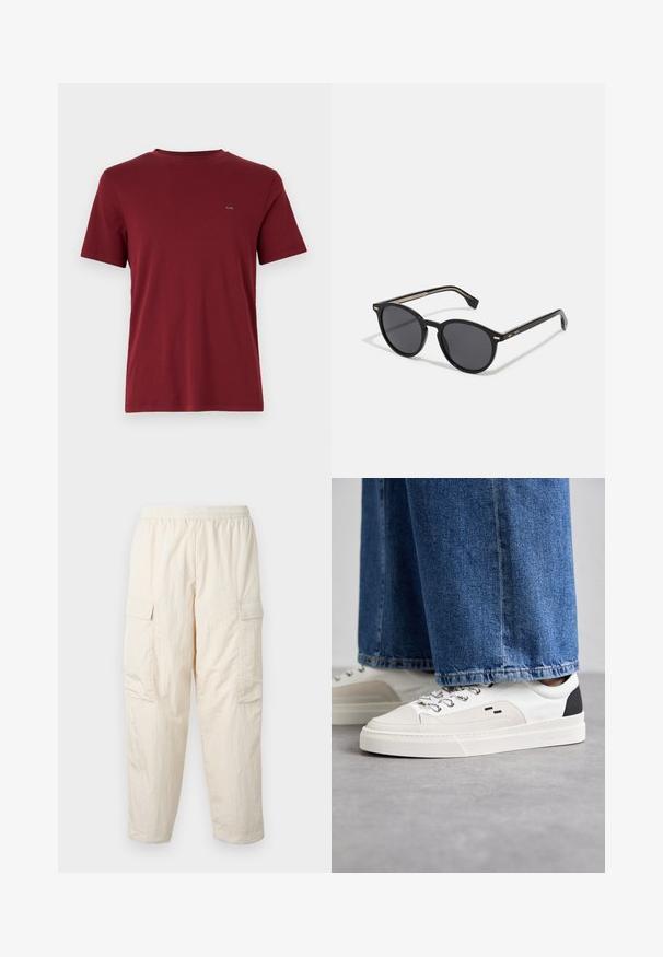 Bordo krūšdaļas T-krekls, kas izgatavots no gluda kokvilnas auduma. Īsas piedurknes, regulāra piegriezuma, ar mazu logotipu uz krūtīm.; Beige kravas bikses ar elastīgu vidukli, ar divām sānu kabatām un mīkstu, vieglu audumu. Rievojuma tekstūra.; Balti un melni apavi ar gludu ādas virsu, teksturētiem akcentiem un masīvu baltu zoli. Iespējojot klasisku šņorējamu dizainu.; BOSS Saulesbrilles - black