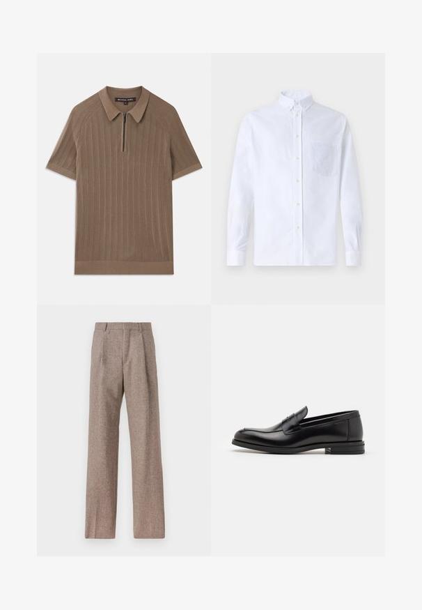 Hnedý rebrovaný pletený polokošeľový tričko s krátkym rukávom a golierom, s predným polovičným zipsom, označený Michael Kors, veľkosť stredná.; Biely dlhý rukáv košeľa s gombíkmi vyrobená z bavlny, s náprsného vrecka s tonálnou výšivkou, golierom a gombíkovými manžetami.; Hnedé, vysoké nohavice vyrobené z texturovanej látky. Majú široké nohavice a dva predné záhyby pre štruktúru. Úhľadné spracovanie bez viditeľného kovania.; Čierne kožené mokasíny s hladkou textúrou, zaoblenou špičkou a dekoračným pásikom cez priehlavok. Nízky vrstvený opätok, minimalistický dizajn.