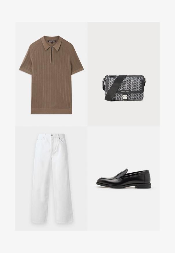 Polo de manga corta de punto acanalado marrón con cuello y media cremallera frontal, etiquetado como Michael Kors, talla mediana.; rag & bone BAGGY - Vaqueros baggy - white; Mocasines de cuero negro con una textura suave, puntera redondeada y una tira decorativa en el empeine. Tacón bajo apilado, diseño minimalista.; Bolso bandolera de patrón negro y gris con un diseño geométrico, cierre con cremallera y un detalle de hardware en tono plateado. Incluye una correa ajustable.