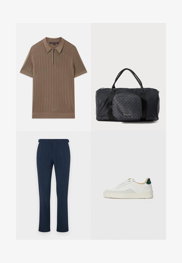 Brahno rebrasto pleteno polo majica s kratkimi rokavi, ovratnikom in sprednjim polovičnim zadrgo, označeno z Michael Kors, velikost medium.; Mornarsko hlače iz gladkega materiala, z naravnim krojem, z zanko za pas in z enim gumbom za zapiranje. Minimalističen slog brez vzorcev.; Bela trenerka z zaključki iz semiša, okroglo konico, ravne vezalke in kremna gumijasta podplata. Ima zeleno blagovno znamko na peti.; Črna torba za šport Michael Kors z dvema ročajema, sprednji žep na zadrgo z ponovljenim vzorcem MK logotipa in blagovno znamko Michael Kors.