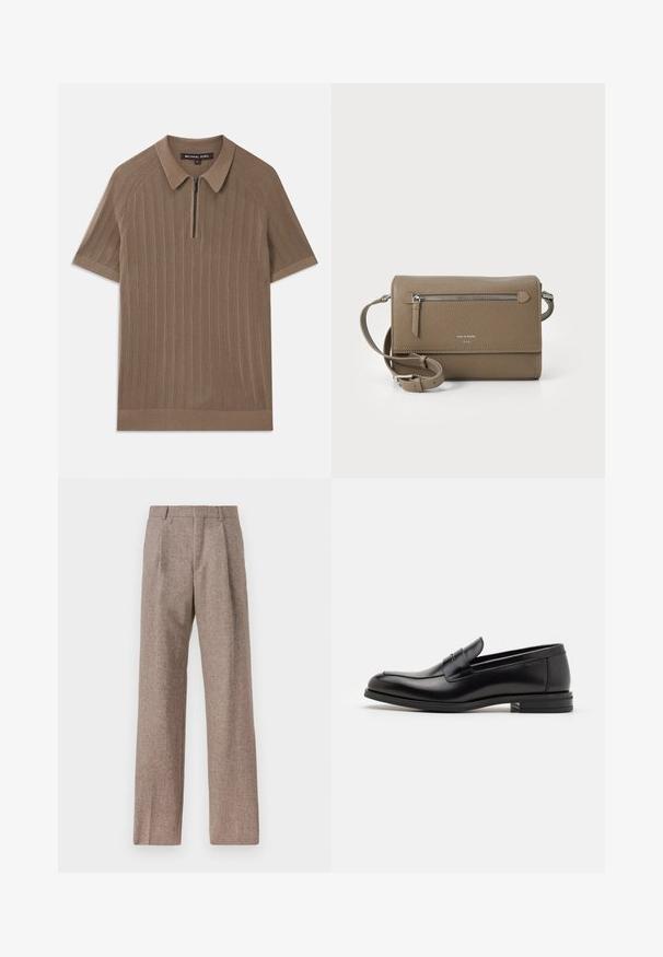 Bruine geribbelde gebreide polo met korte mouwen, met kraag en een halve ritssluiting aan de voorkant, gelabeld Michael Kors, maat medium.; Bruine, hooggewaisted broeken van een gestructureerde stof. Heeft wijde benen en twee voorplooien voor extra structuur. Net afgewerkt zonder zichtbare hardware.; Zwarte leren instappers met een gladde textuur, ronde neus en een decoratieve band over de wreef. Lage, gestapelde hak en minimalistisch ontwerp.; Taupe leren schoudertas met een ritsvak aan de voorkant, verstelbare band, geribbeld textuur en een verdiept logo aan de voorkant.