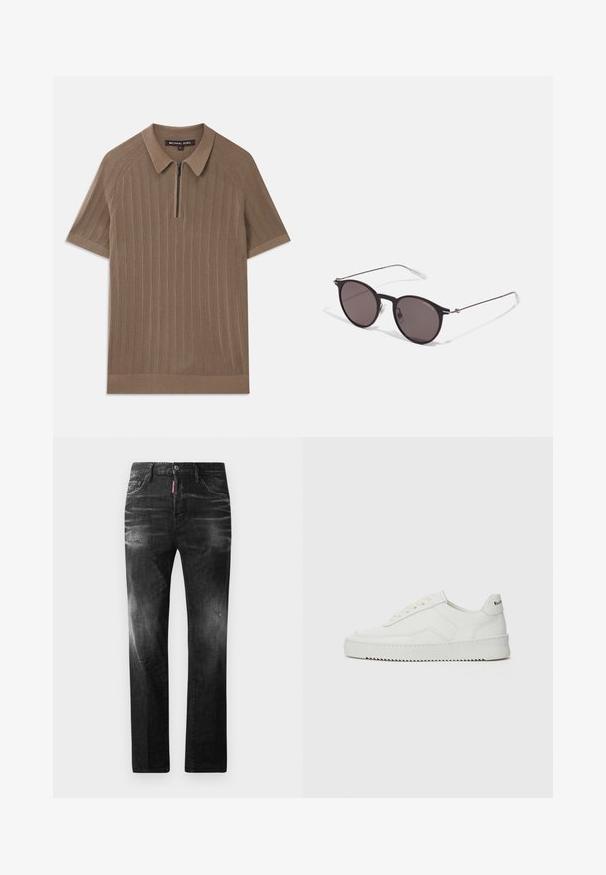 Brahno rebrasto pleteno polo majica s kratkimi rokavi, ovratnikom in sprednjim polovičnim zadrgo, označeno z Michael Kors, velikost medium.; Črne jeans hlače s ravnim krojem. Imajo zbledela mesta, manjše obrabe, klasičen petnajstni žepni dizajn in gumbasto zapiranje.; Bela usnjena športna obutev z gladko površino, okroglo prst, ravne vezalke in teksturiran podplat. Ima diskretno logo na peti.; Črne okrogla sončna očala s temnimi lečami in tankimi kovinskimi ročaji. Vključujejo prosojne konec ročajev in srebrne poudarke na tečaju. Minimalističen dizajn.