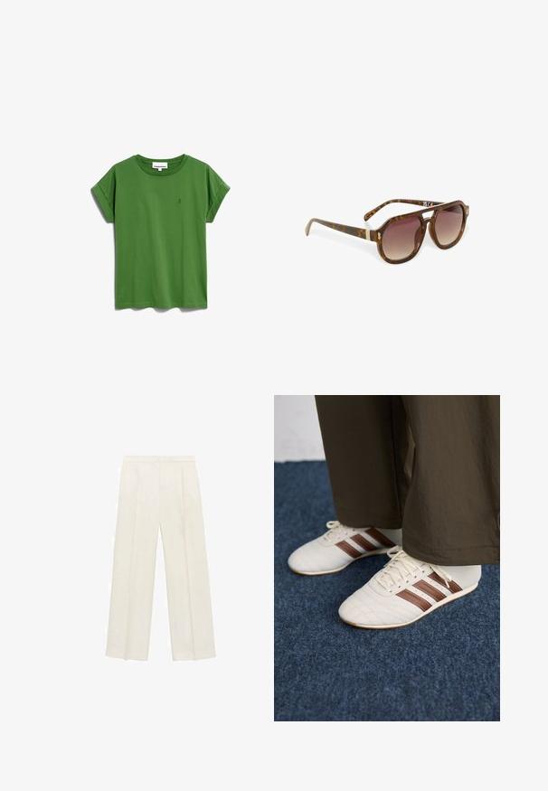 Grünes Baumwoll-T-Shirt mit umgeschlagenen kurzen Ärmeln, rundem Ausschnitt und einem kleinen schwarzen Logodetail auf der Brust. Weiches, lässiges Design.; Weit geschnittene Hosen in einem hellen cremefarbenen Farbton. Hergestellt aus einem glatten Stoff mit Falten an der Vorderseite und seitlichen Taschen.; Weiße Sneaker mit braunen Streifen, getragen mit braunen Hosen auf einem blauen Teppichboden.; Schildpatt-Sonnenbrille mit verlaufenden Gläsern, winkeliger Form und goldenen Akzenten an den Bügeln, die eine elegante, glänzende Oberfläche aufweist.; Beige Lederhandtasche mit einer einzigartigen Form, die zwei kurze Henkel und einen langen verstellbaren Riemen aufweist. Glatte Textur mit minimalen Hardware-Elementen.