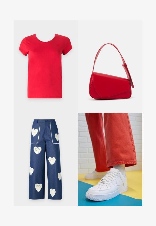 Rød bomull T-skjorte med kortermet design, V-hals og liten logo-detalj på brystet. Glatt tekstur og avslappet passform.; Sister Jane HEART TO HEART - Jeans straight leg - blue denim; Hvit lær sneakers med perforert tåboks, teksturert såle og hvite snørebånd, paret med vide røde bukser og en blå og gul bakgrunn.; Rød lærveske med en vinklet, geometrisk design. Har en enkelt justerbar stropp og en klaffelukking med sydd detaljer.