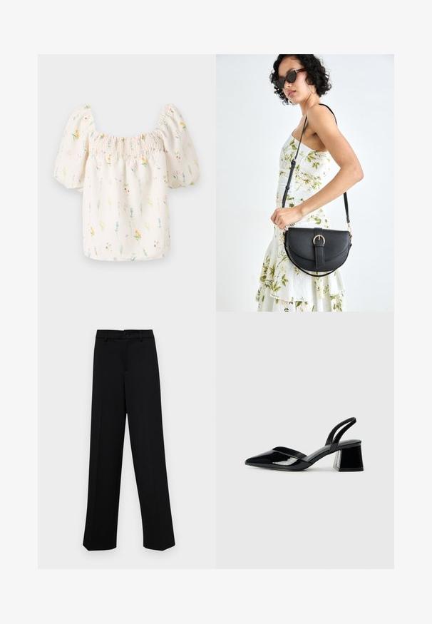 Lille lilledekleid, millel on ruudukujuline kaelus, puffseelikud ja kummiga kokku kogutud ülemine osa. Omab heledat koorevärvi tausta ja mitmevärvilisi lillemustrid.; Musta laiad püksid siledast kangast, millel on klassikaline vöökoht, nööbiga sulgemine ja ees voldid.; Mustad musta lakknahk kingad, millel on terav varvas ja geomeetriline plokkkonts. Omab elegantselt minimalistlikku disaini ja sujuvat tekstuuri.; Mustmust mustraha kõverate joontega, eemaldatava rihmaga ja kuldsete detailidega. Kotil on klapp, millel on pandladetail.